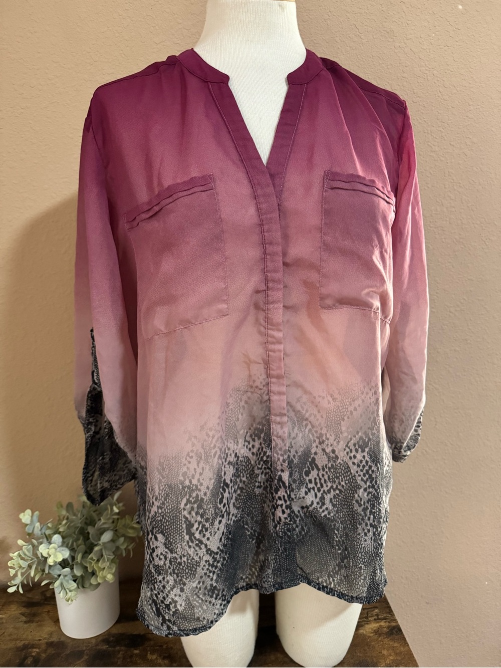 Covington Sheer Magenta to Blush Ombre Snake-Print Tunic